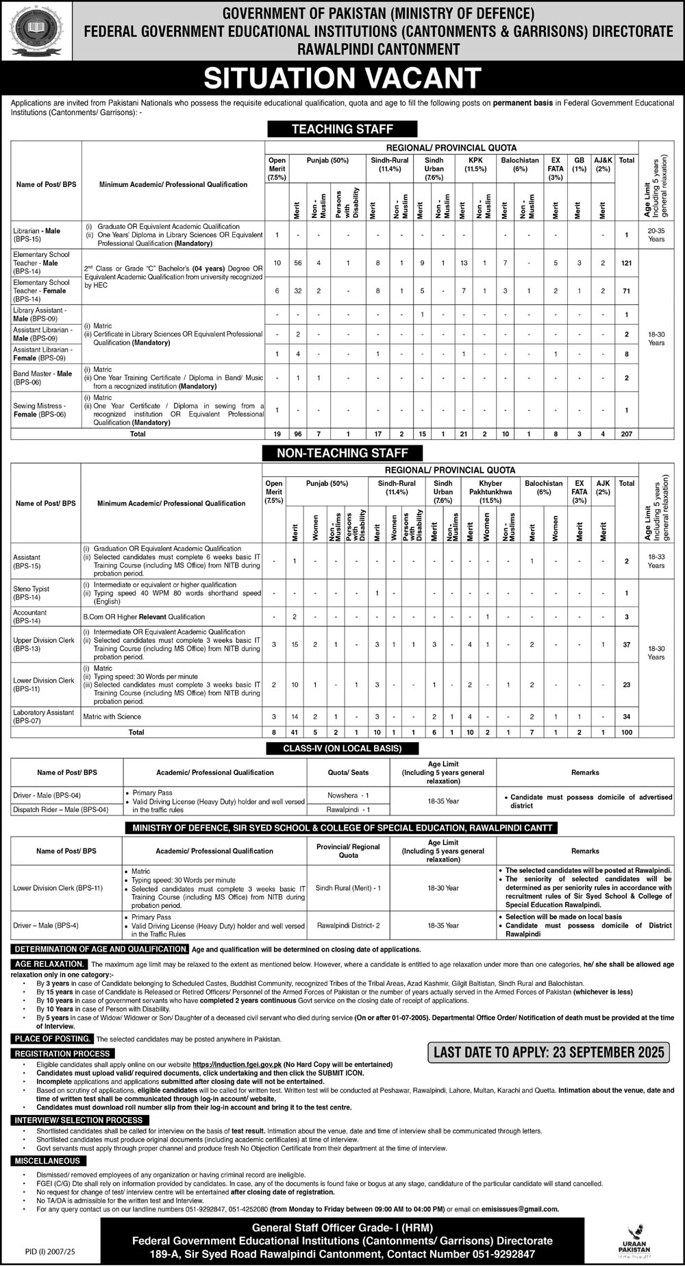 Jobs in Federal Government Educational Institutes Rawalpindi